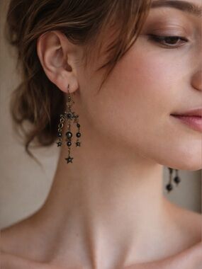Brass Black Star Chandelier Earrings